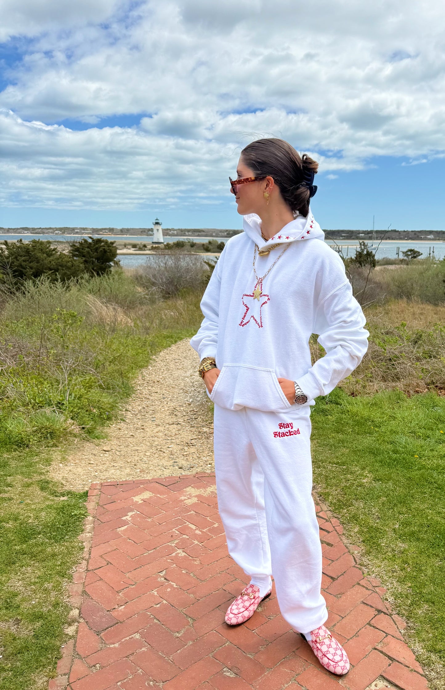 The Sick and Stacked Society - Summer Star Hoodie / Cuffed Leg Sweatpants Set (White/Red)