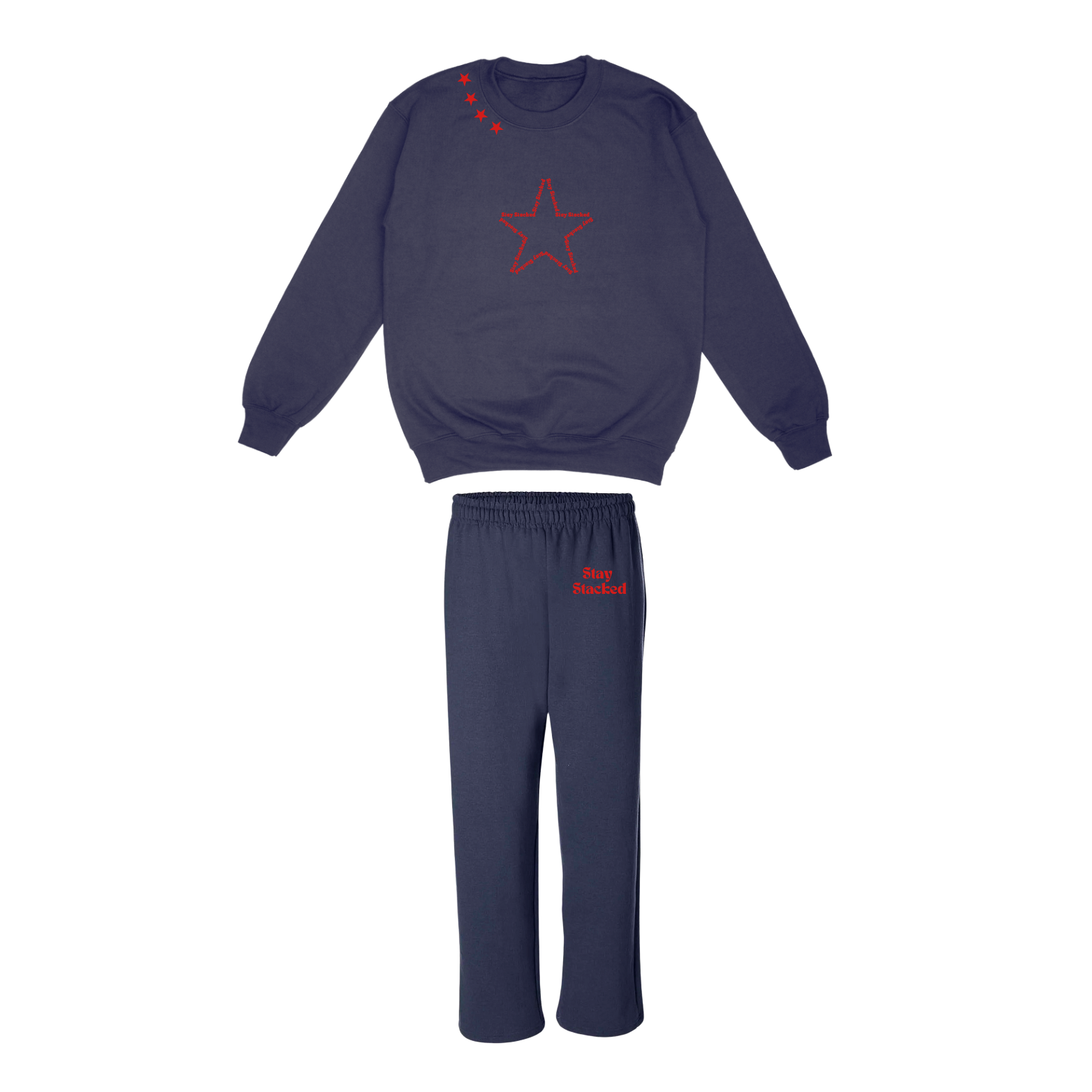 The Sick and Stacked Society - Stay Stacked II Crewneck / Relaxed Leg Sweatpants (Navy w/Red)